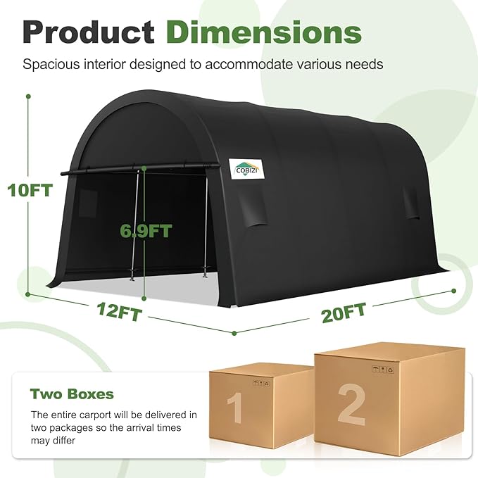 COBIZI Carport Canopy 12x20 Heavy Duty Portable Garage with Removable Doors & Vents, Galvanized Frame Car Port Canopy Tent with All-Season Tarp for Outdoor Storage Shed Car Boat Truck