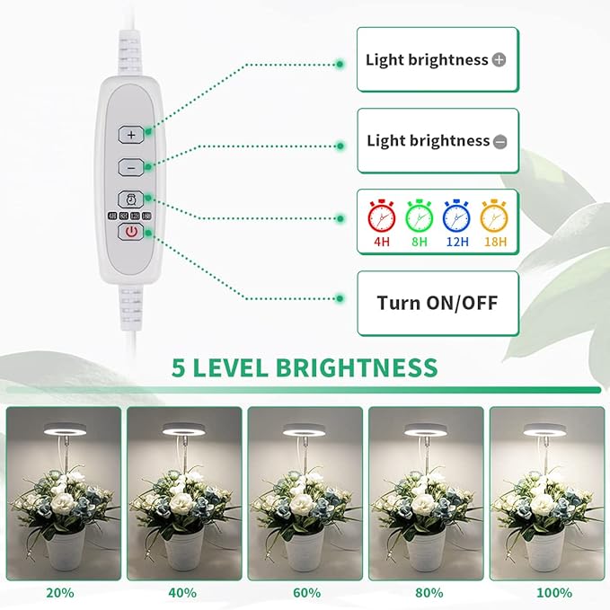 GYTF Halo Plant Grow Light, 6000K White LED Full Spectrum Growing Lamp for Indoor Plants, Succulents, Mini Bonsai, Small Plants, Height Adjustable, Dimmable & Timer 4/8/12/18Hrs