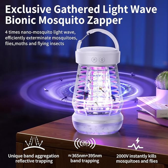 Portable Bug Zapper Indoor Outdoor, 2025 Upgraded Mosquito Zapper 3-in-1 Rechargeable Mosquito Killer & Camping Lamp,Suitable for Patio, Home, Backyard, Yard, Garden, Campsite (White)