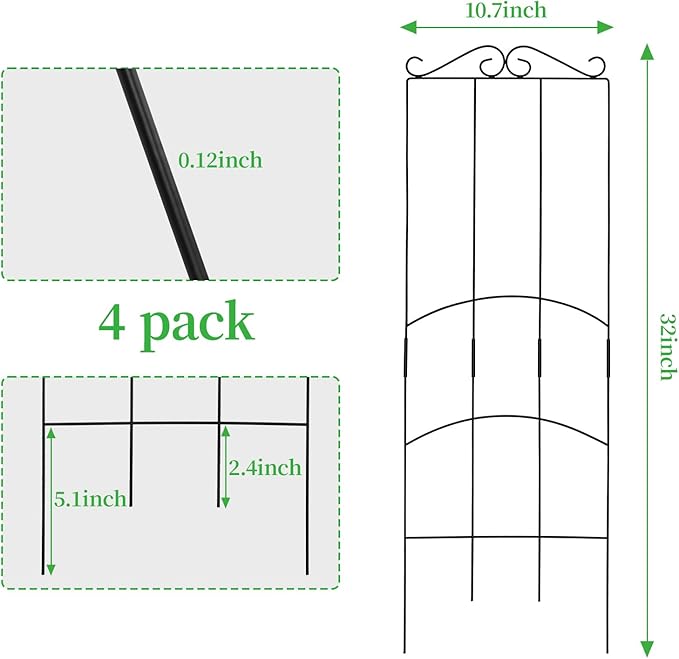 32 Inch Metal Plant Trellis for Climbing Plants Outdoor,4 Pack Garden Trellis for Potted Climbing Plants Indoor Houseplants Flowers Vine Ivy,Black,Rectangle