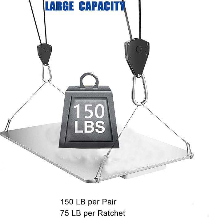 Grow Light Rope Hanger ,1/8" 8-Feet Long Heavy Duty Adjustable Rope Clip Hanger, Adjustable Rope Ratchet Hangers 150 Lbs per Pair (12 Pairs)