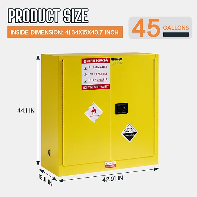 SPECRAFT 45 Gal Flammable Cabinet, 44x43x18 Inch, Cold-Rolled Steel, Adjustable Shelves, OSHA & CE Certified for Industrial, Commercial, Laboratory, and Institutional Use, Yellow