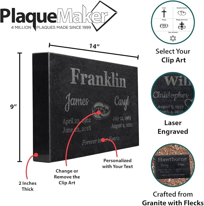 PlaqueMaker Black Granite Memorial Headstone for Two Lost Loved - Great for Your Garden, Tree Dedication, or in a Cemetery. Includes Your Text and Select Clipart (14 x 9 x 2)