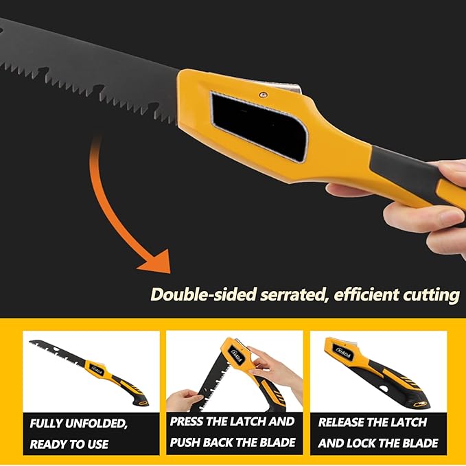 10-inch folding saw, sharper blades, outdoor and camping saws, hunting/bone saws, handling firewood, fire pit lumber, lawn and garden work, pruning trees and shrubs, easy to use and store