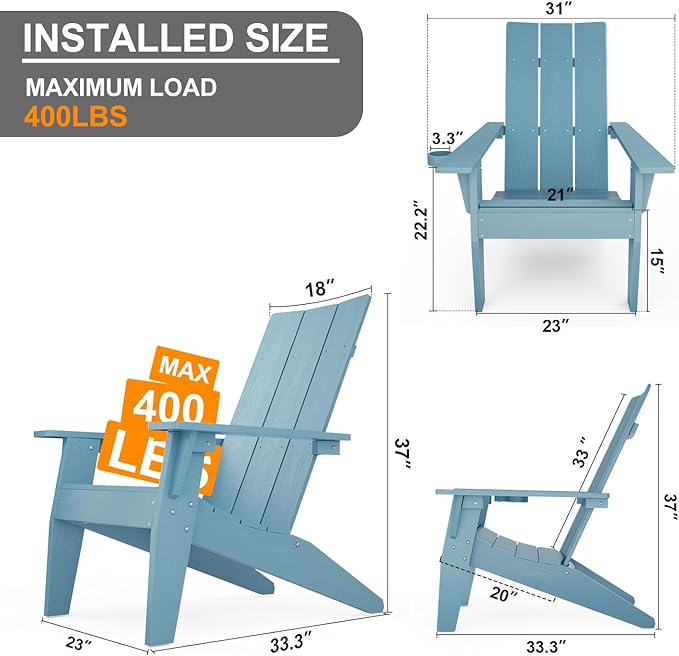 MXIMU Modern Adirondack Chair Weather Resistant with Cup Holder Oversized Fire Pit Chairs Adorondic Plastic Outdoor Chairs for Firepit Area Seating (Blue)