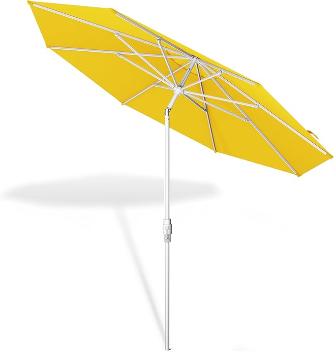 Midtown Umbrellas The Swilt 8 Feet Patio Umbrella in Terylast Sunflower (Yellow) Polyester Fabric - Fiberglass Ribs, Auto-Tilt Aluminum Frame For Backyard, Deck, Garden, Pool - White Pole