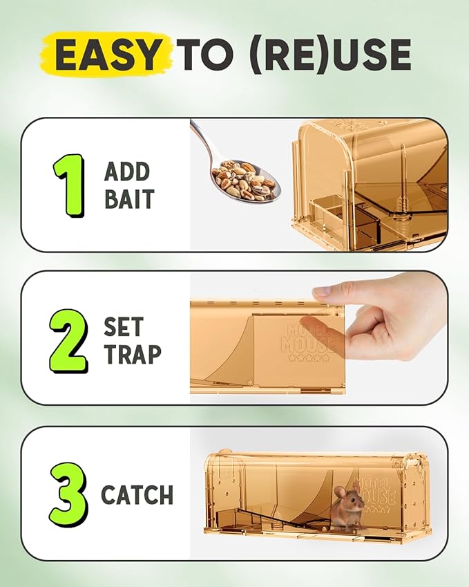 Motel Mouse Humane Mouse Traps No Kill Live Catch and Release 4 Pack - Reusable, Easy to Use & Clean, No Touch Release, Sensitive Includes Cleaning Brush, Instruction Manual & Video - Mousetrap Indoor