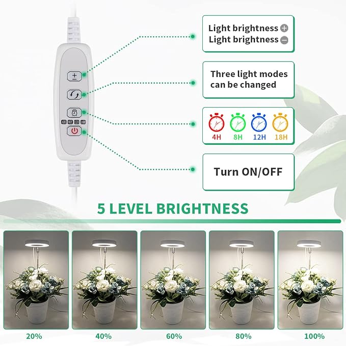 GYTF Halo Plant Grow Light, 6000K White LED Full Spectrum Growing Lamp for Indoor Plants, Succulents, Mini Bonsai, Small Plants, Height Adjustable, Dimmable & Timer 4/8/12/18Hrs,4 Pack