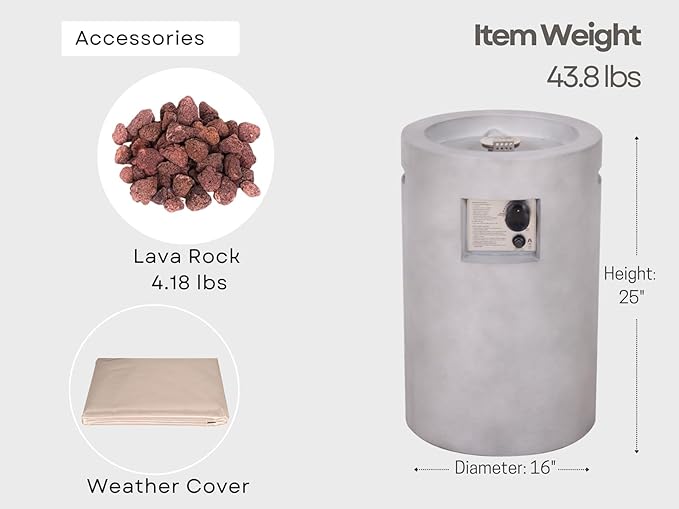 16 Inches Outdoor Round Propane Fire Pit 30,000 Btu with Lava Rocks and Weather Cover TerraFab Faux Concrete, 16” x 16” x 25”, Grey