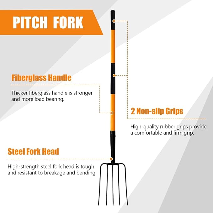 Pitch Fork-58 Inch,5-Tine Steel Garden Fork Heavy Duty, Mulch with Cushion Grip, Orange Fiberglass Handle