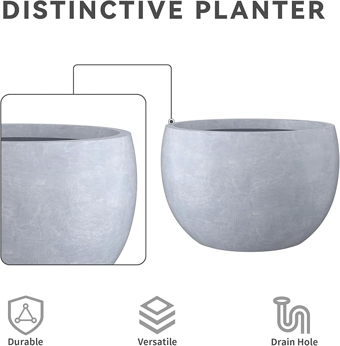 Kante 15.7" Dia Round Concrete Planter, Outdoor/Indoor Large Bowl Plant Pots with Drainage Hole and Rubber Plug for Garden Patio Balcony Home, Slate Gray