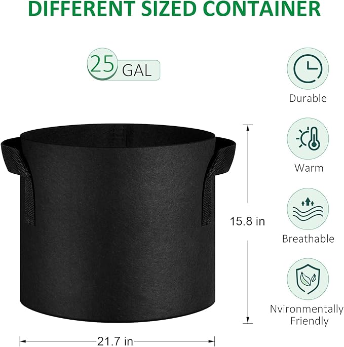 NYONG 12-Pack 25 Gallon Thickened Non-Woven Grow Bags, Aeration Fabric Pots with Handles(Black)