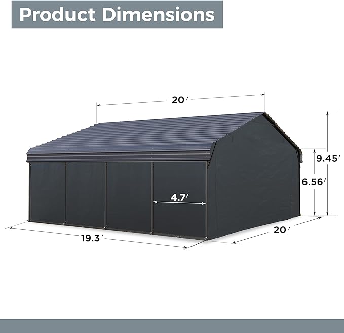 GREEN PARTY 20 x 20 ft Metal Carport Kits with Galvanized Steel Roof & Removable Sidewalls, Heavy Duty Metal Carport Canopy, Outdoor Car Tent Metal Garage Shelter for 2 Car, SUV, Truck and Boats, Gray