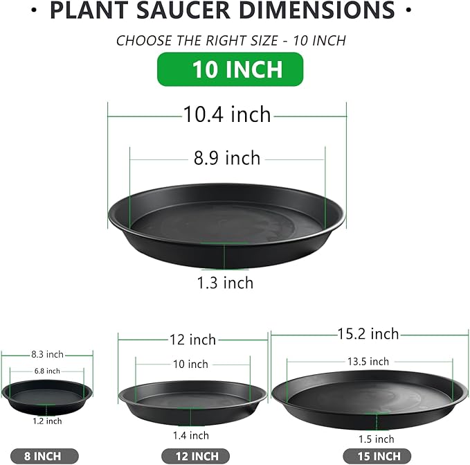 6 Pack 10 Inch Black Round Plant Saucers, Thick PP Plastic Pot Trays for Large Planters, Durable Flower Pot Water Catcher Plates & Drip Trays for Indoor Outdoor Gardening