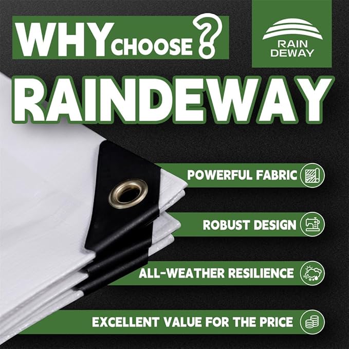 RAINDEWAY 12 Mil Heavy Duty White Tarp 8x10 Feet (2 Pack), UV Resistant, Waterproof, Weatherproof Poly Tarp with Metal Grommets and Reinforced Edges