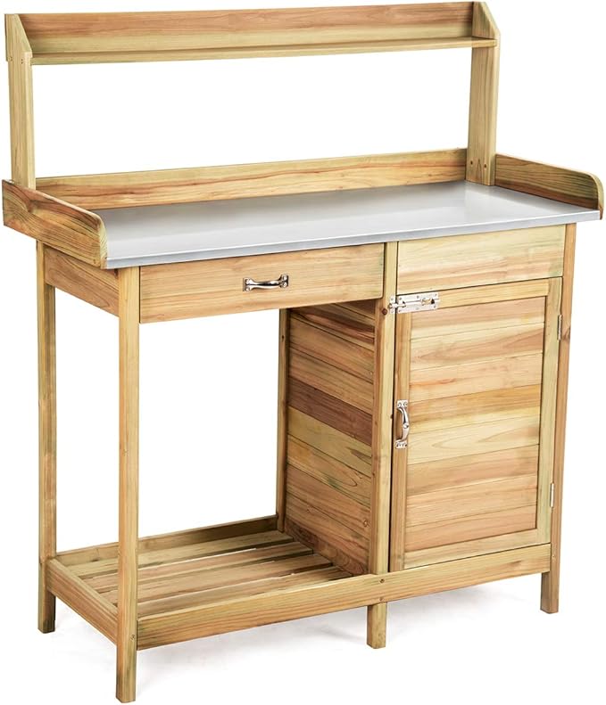 Giantex Potting Bench Table for Outside Natural Wood Garden Plant Lawn Patio Table Storage Shelf Metal Tabletop Outdoor Workstation Flower Pot Bench (Natural Fir w/Cabinet)