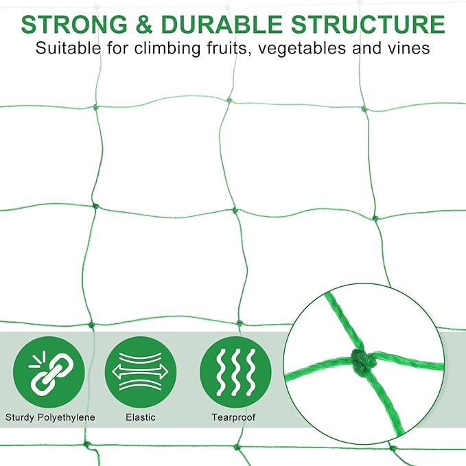 HARFINGTON Trellis Netting for Climbing Plants 6.6 x 9.8ft 30 Strands Heavy Duty Garden Trellis Netting Polyethylene Plant Support Net with 4" x 4" Mesh for Fruits Vegetables Cucumber