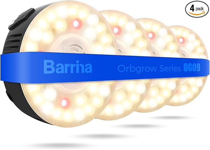 Barrina Orbgrow OG09 Puck LED Grow Light with 660nm Red LEDs, 36W(4 x 9W, 540 Watt Equiv), Plant Lights for Indoor Plants Full Spectrum, Magnetic & Linkable, Small Grow lamp, Seeding, 4 Packs, Black