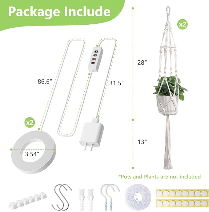 Macrame Plant Hanger with Grow Light: 2 Pack Sturdy Hanging Planters for Indoor Plants, Cute Plant Holder with Plant Light, Perfect for Different Size Pots (Daylight Spectrum)