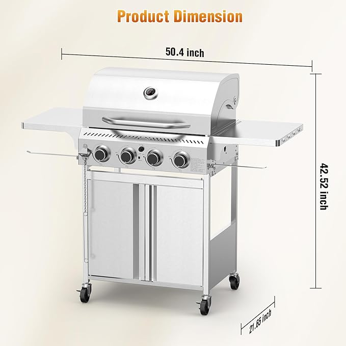 4-Burner Gas Grill,Propane Grill with Folding Side Shelf,Heavy-Duty Thickened Stainless Steel Grill,32,000 BTU BBQ Grill for Outdoor Cooking,Barbecue,Garden and Patio Backyard