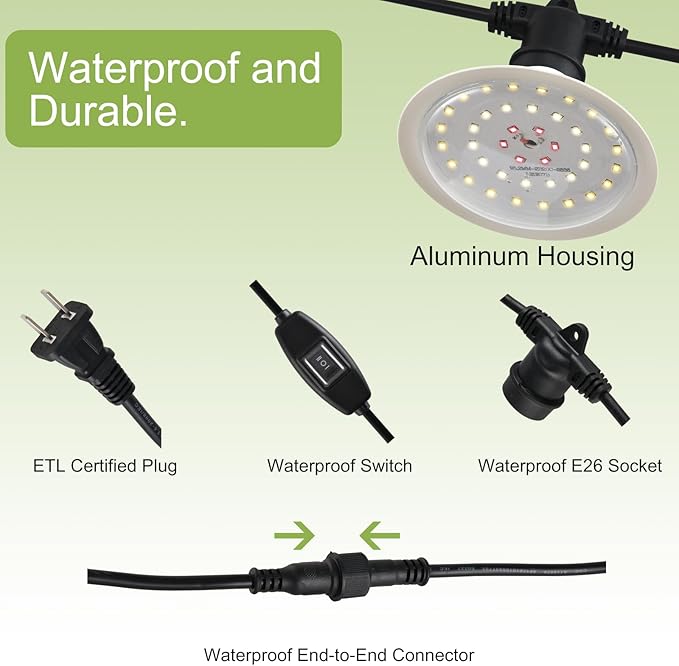 Outdoor Grow Lights for Plants, Full Spectrum Greenhouse Grow Light, UL Certified Daisy-Chain String Grow Lights, IP44 Waterproof, 42FT Adjustable Cord, for Vegetables, Seedlings, Flowers (12 Lights)