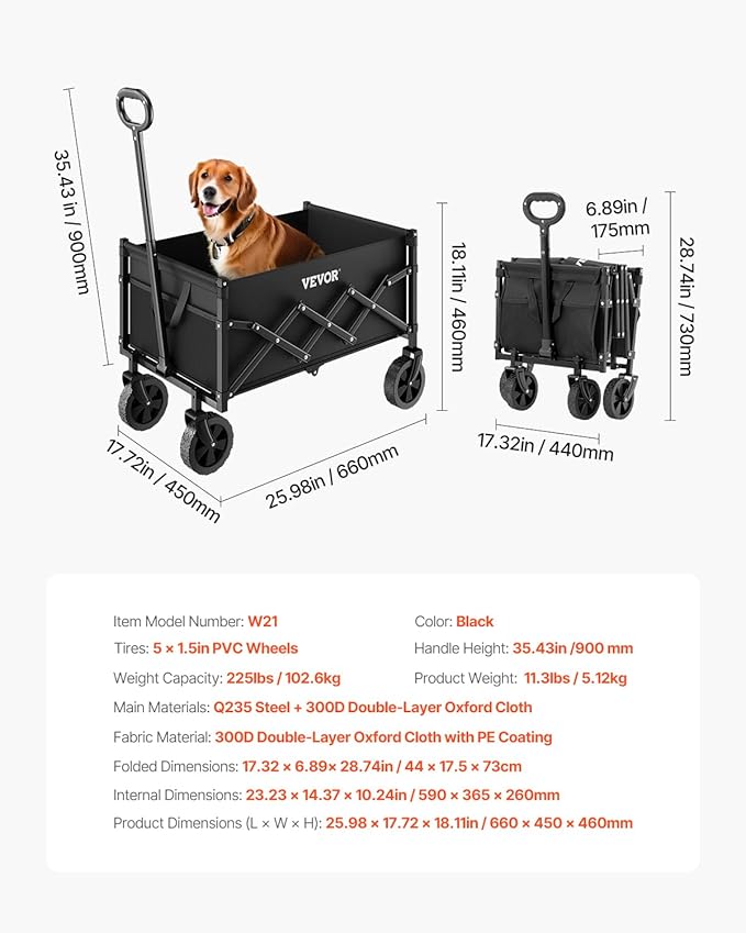 VEVOR Collapsible Folding Wagon with Wheels, Wagons Carts Foldable with 225lbs Capacity, Lightweight Portable Utility Wagon Cart for Grocery Shopping Sports Camping and Garden