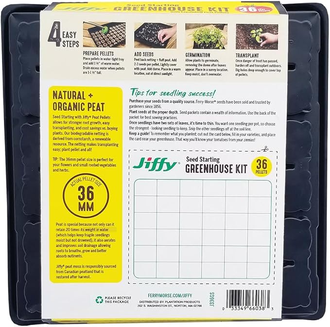 Jiffy Seed Starting Tray Kit, 36 Cell 36mm Peat Pellets with Bonus - 4 Pack, 144 Pellets Total