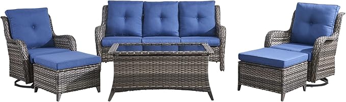 Wicker Outdoor Conversation Set-6 Pieces Outdoor Wicker High Back Couch with Swivel Rocker Chairs Patio Furniture for Deck Poolside Backyard-Grey/Blue