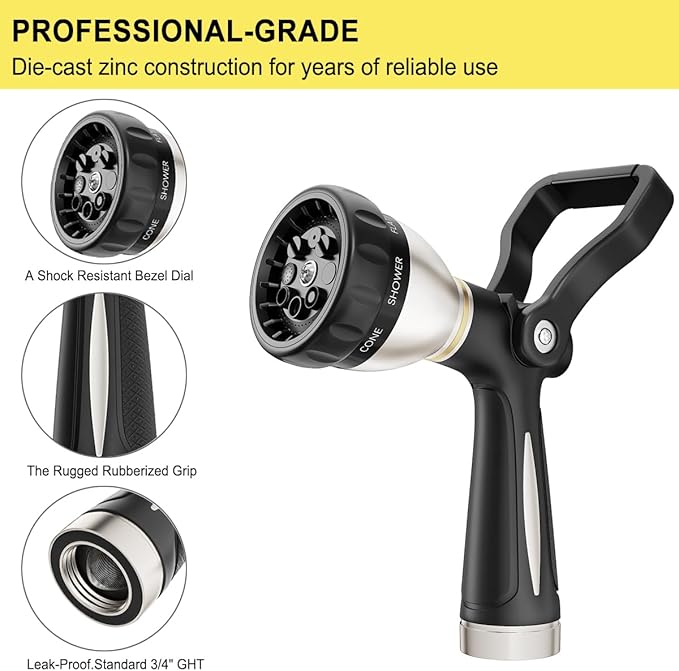 FANHAO Heavy Duty Fireman's Hose Nozzle, Metal Water Nozzle with 8 Spray Patterns,High Pressure Garden Hose Sprayer with Lever Control and Non-Slip Grip to Water Lawns & Plants, Wash Cars & Clean