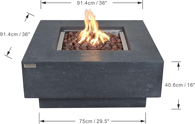 Elementi Manhattan Gas Fire Pit Cast Concrete Fire Table, Outdoor Fire Pit Electronic Ignition | Canvas Cover, Lava Rock Included | Free AMS Wind Guard | Dark Gray (Propane Gas)