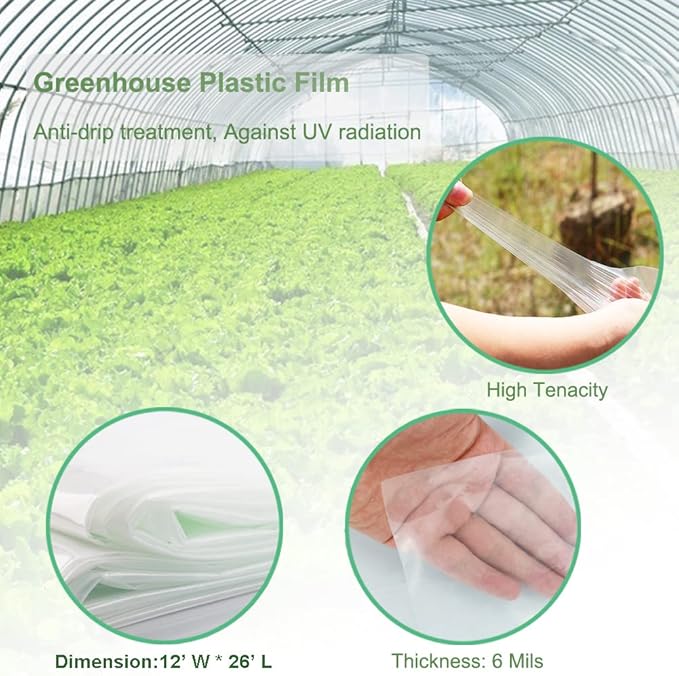 Yowlieu 10' x 26' Clear Greenhouse Plastic Sheeting, 6 Mil UV Resistant Polyethylene Greenhouse Film Hoop Green House Plastic Cover for Farms, Agriculture, Garden