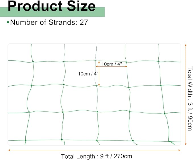 HARFINGTON Trellis Netting for Climbing Plants 3 x 9ft 27 Strands Heavy Duty Garden Trellis Netting Polyethylene Plant Support Net with 4" x 4" Mesh for Fruits Vegetables Cucumber