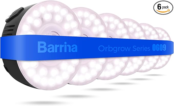 Barrina Orbgrow OG09 Puck LED Grow Light, Pinkish White 54W(6 x 9W, 810 Watt Equiv), Plant Lights for Indoor Plants Full Spectrum, Magnetic & Linkable, Small Grow lamp for Plant Shelf, 6 Packs, Black