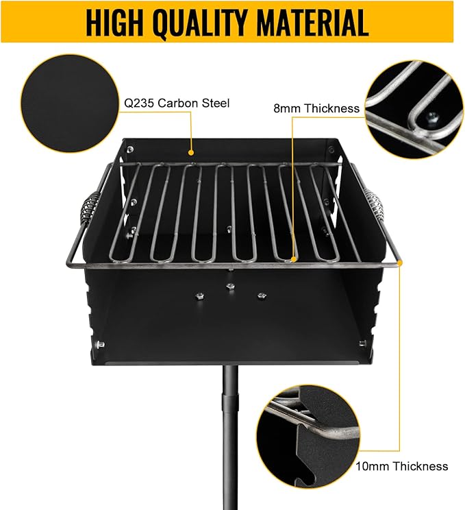 16x16 Inch Park-Style Heavy Duty Steel Charcoal Grill: An Outdoor BBQ Solution with Grate and Single Post Design for Backyard Barbecues and Camping