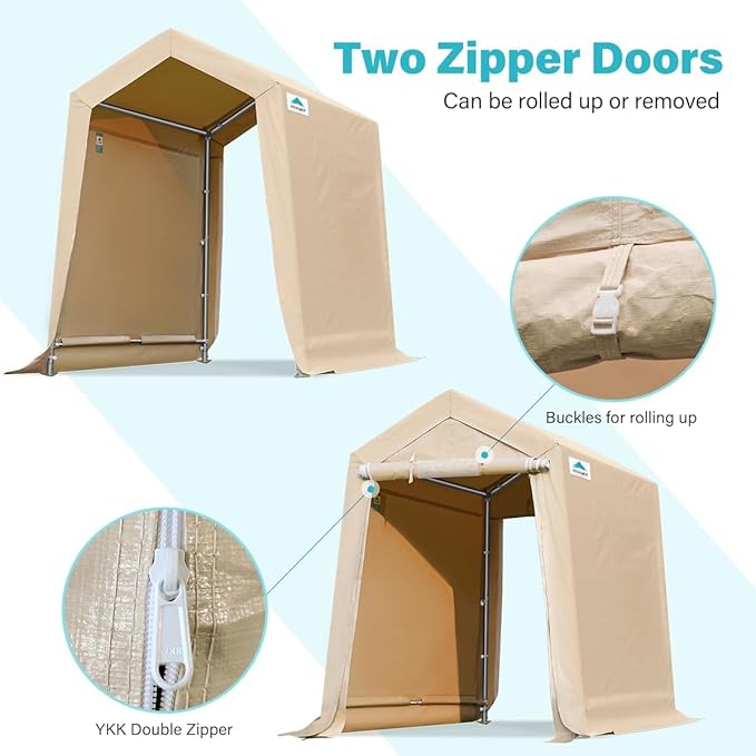 ADVANCE OUTDOOR 6x8 ft Outdoor Portable Storage Shelter Shed with 2 Roll up Zipper Doors & Vents Carport for Motorcycle Waterproof and UV Resistant Portable Garage Kit Tent, Beige
