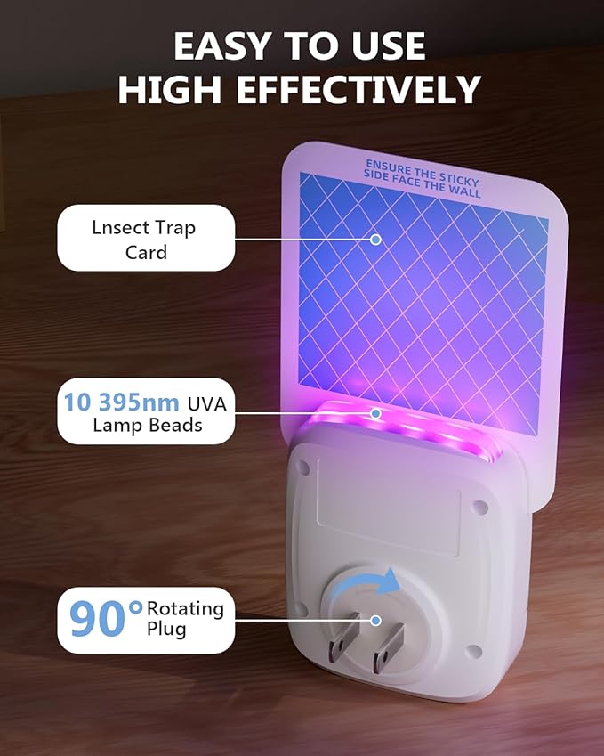 Flying Insect Trap, Plug-in Fruit Fly Trap, (1 Device +5 Glue Cards) Indoor Gnat Traps, 400 Sqft Protection Area, Suitable for Gnat, Moth, and Mosquito, and Can Used in Every Corner of Home