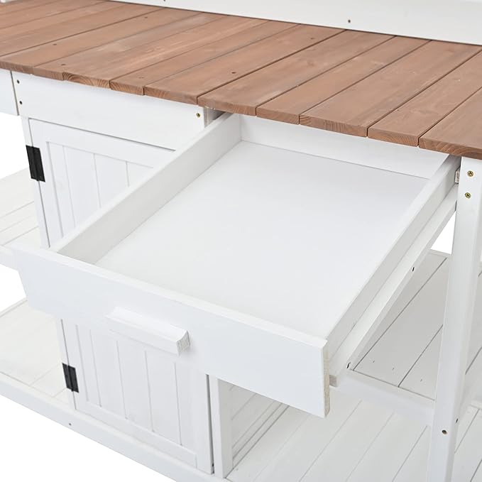 66" Outdoor Potting Bench Workstation - Farmhouse Style Wooden Garden Table with Drawers, Cabinet & Open Shelves (White + Solid Wood + naturalwood Color)