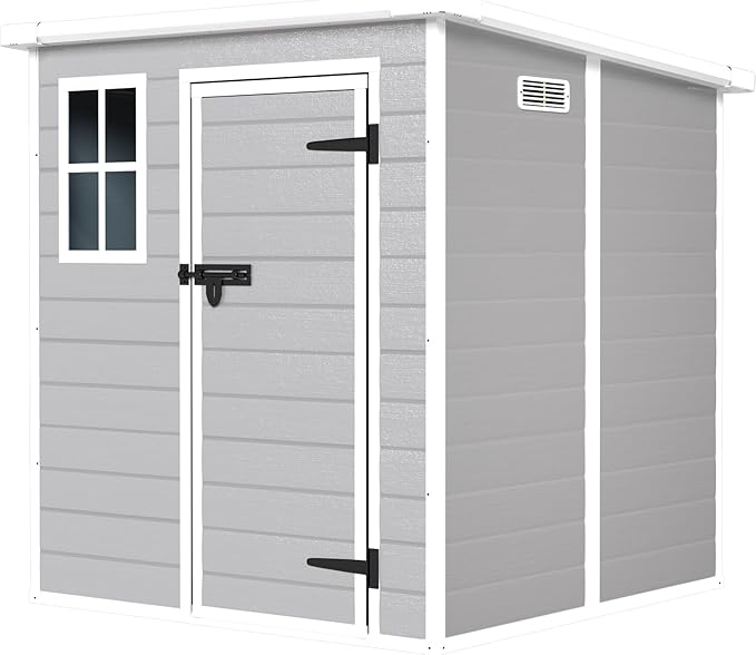 Resin Storage Shed 6x6ft Outdoor Storage Sheds with Floor & Window, Lockable Doors and Vents, Small Tool Shed with Sloped Roof, Sheds for Backyard, Garden, Patio, Lawn (Light Grey, 6 * 6ft)