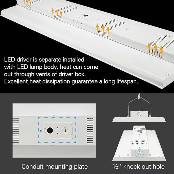 4FT Linear LED Highbay Light - Pack of Two - 225W - 30600LM - 1-10V dimmable - 5000K Daylight White - UL and DLC Listed - Replaces 6-8 Lamp Fluorescent T5 Fixture