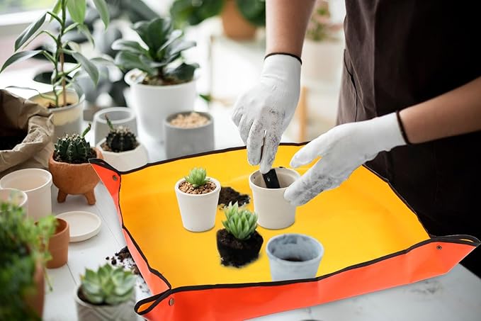 Azureblue Plant Repotting Mat for Indoor Plants Potting Soil, Foldable Waterproof Plant Repotting/Potting Tray, Portable Potting Mat Gardening Tray for House Plants (Small 26.8 X 26.8 (Orange))