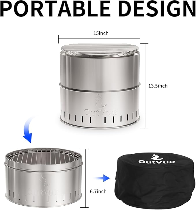 15.5 inch Stainless Steel Smokeless Fire Pit with Grill, Outdoor Smokeless Firepit, Wood Burning Fire Pits for Camping, Bonfire, Low Smoke Firepit for Outside (Vertical Hole)