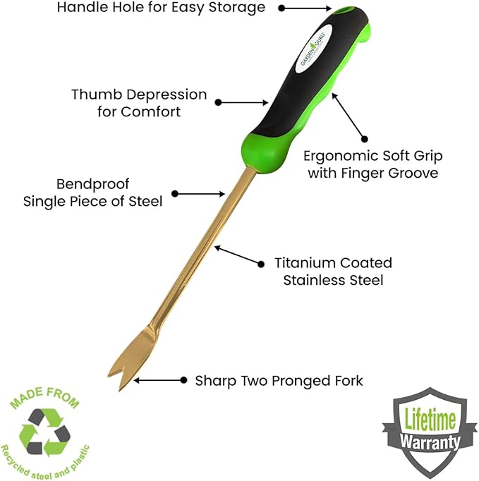 Garden Guru Titanium Dandelion Weeder Tool - Rust Resistant - Ergonomic Handle - Weed Puller for Planting, Weeding, Flower and Vegetable Care in Lawn Garden Yard