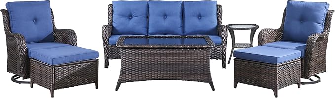 Wicker Rattan Patio Furniture Set - 7 Pieces Outdoor Couch with Swivel Chairs, Ottomans and Coffee Table for Deck, Poolside, Backyard - Brown/Blue