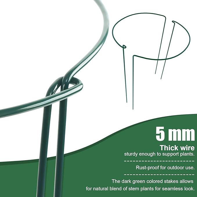 FEED GARDEN 8 Pack Plant Support Stakes, Peony Cages and Supports, Metal Garden Plant Stake(10" Wide x 24" High) Green Half Round Plant Support Rings for Outdoor Indoor Plants, Tomato, Hydrangea
