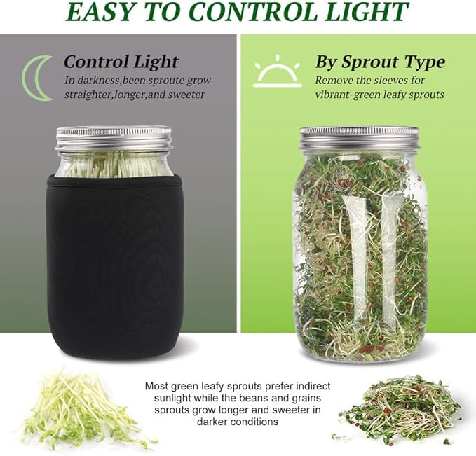 Sprouting Kit,Seed Sprouting Jar Kit,2Pcs Large Wide Mouth Mason Jar with 304 Stainless Steel Screen Sprout Lid,Sprout Jar Stand,Tray,Blackout Sleeves,Sprouts Growing Kit for Broccoli,Mung Bean