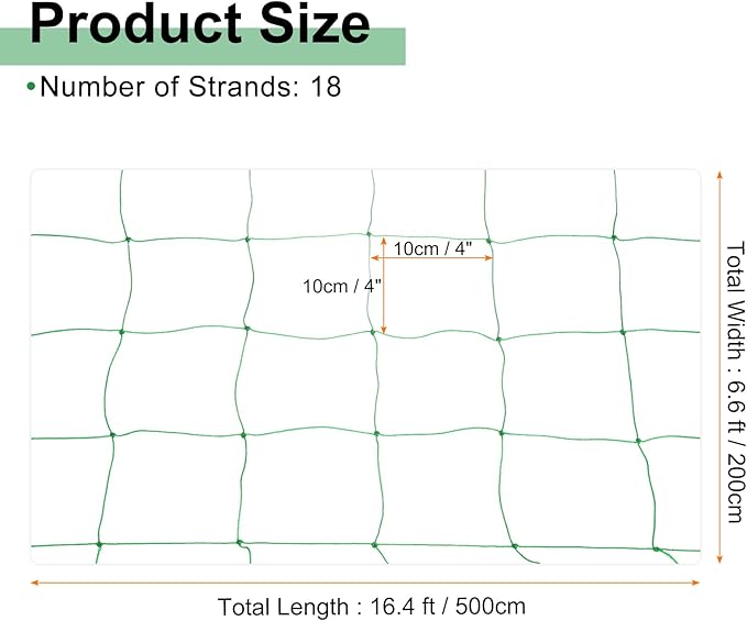 HARFINGTON Trellis Netting for Climbing Plants 6.6 x 16.4ft 18 Strands Heavy Duty Garden Trellis Netting Polyethylene Plant Support Net with 4" x 4" Mesh for Fruits Vegetables Cucumber