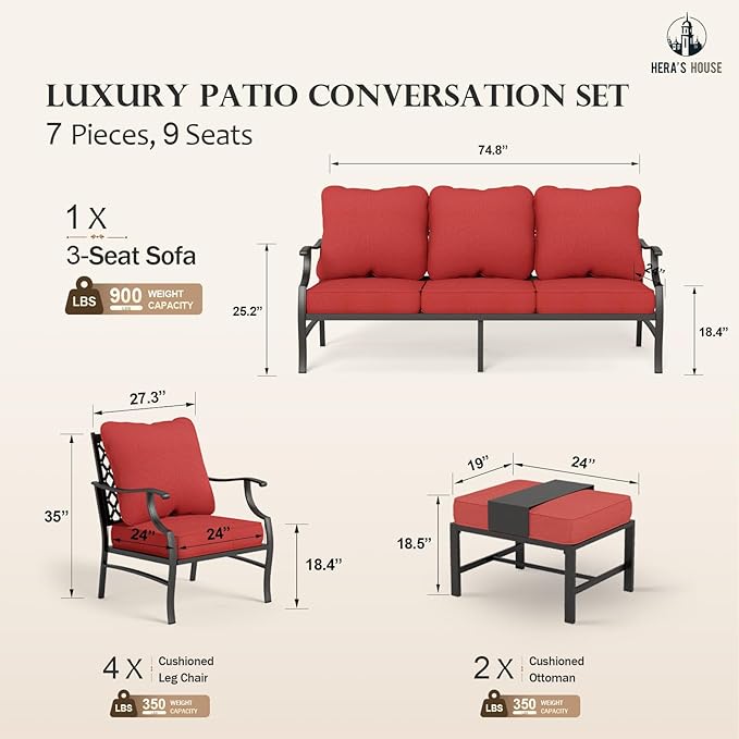 HERA'S HOUSE 7 Piece Patio Furniture Set, 4 x Leg Chair, 2 x Cushioned Ottoman, 1 x 3-Seat Sofa, All Cushioned 9 Seats Metal Outdoor Conversation Set for Lawn Garden Backyard