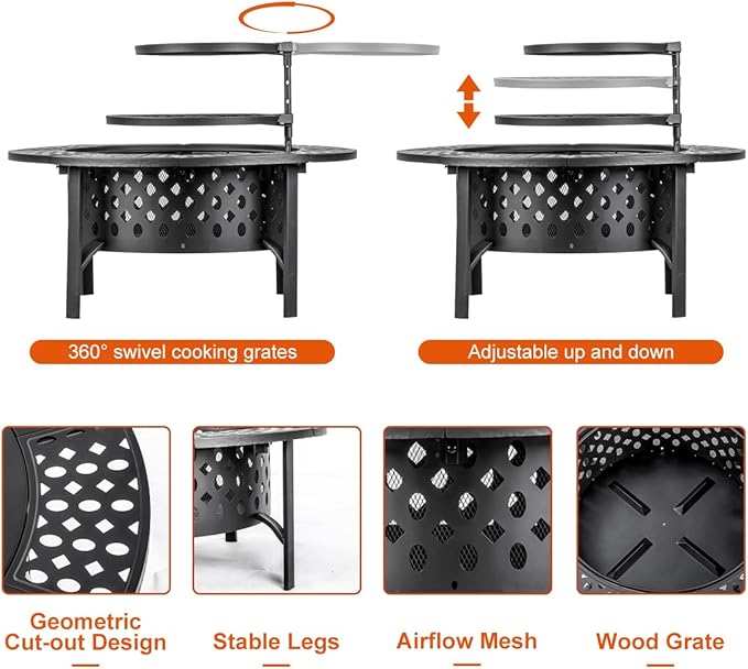 36 Inch Fire Pit with 2 Grills, Wood Burning Fire Pits for Outside with Lid, Poker and Round Waterproof Cover, BBQ& Outdoor Firepit & Round Metal Table 3 in 1 for Patio, Picnic, Party