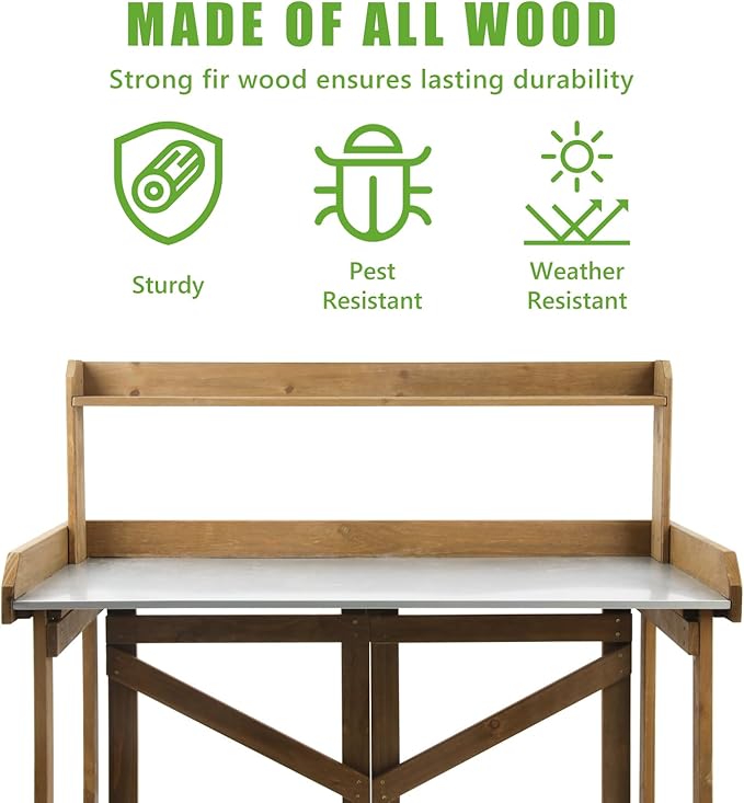 Folding Garden Potting Bench Table,Outdoor Wooden Work Station W/Metal Table Top,2 Tier Open Storage Rack,Top Shelf-Natural Stained