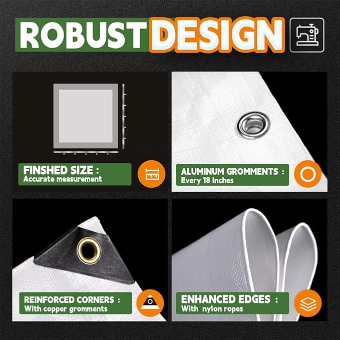 RAINDEWAY 12 Mil Heavy Duty White Tarp 8x10 Feet (2 Pack), UV Resistant, Waterproof, Weatherproof Poly Tarp with Metal Grommets and Reinforced Edges